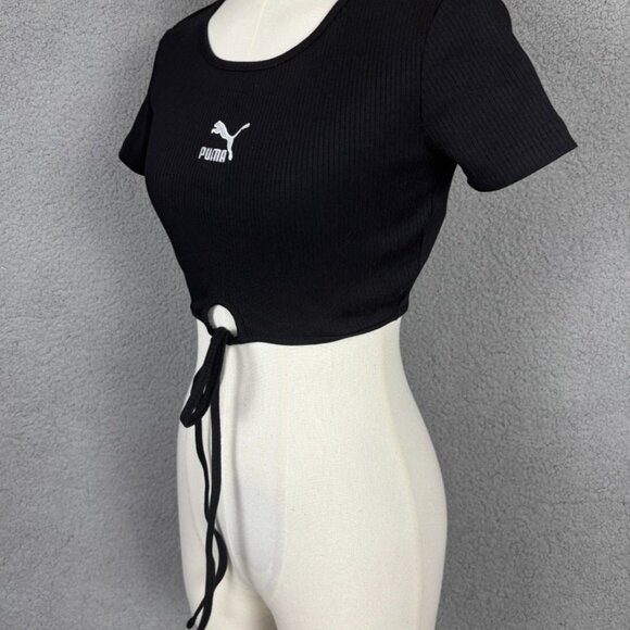 Puma Women's Classic Fit Ribbed Crop Top String Tie Bottom Hem XS Black NWOT's - Picture 4 of 8
